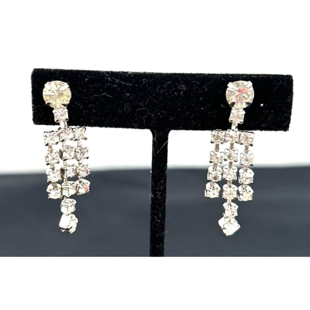 Rhinestone Earrings 3 Row Dangle Screw Back Vintage 1.5" Long Unsigned